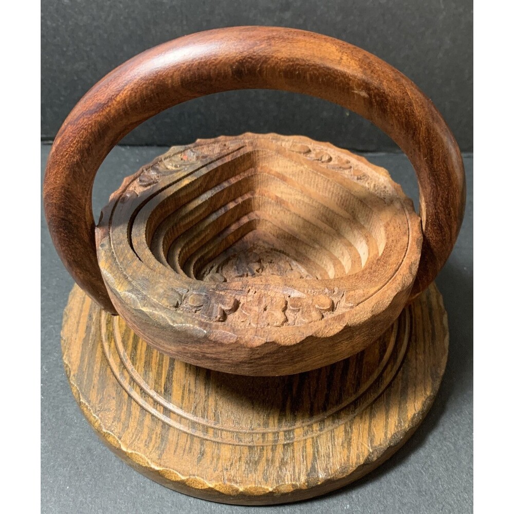 Collapsible Wooden Basket Hand Carved Foldable Bowl Ornate Vintage Tramp Art - Picture 3 of 5